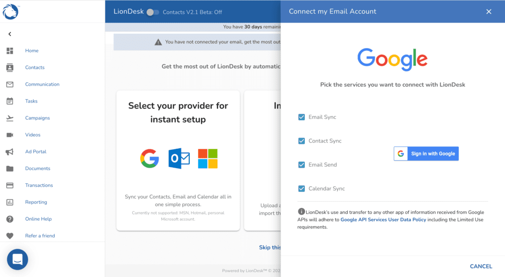 LionDesk interface showing an account authorization for a Gmail account