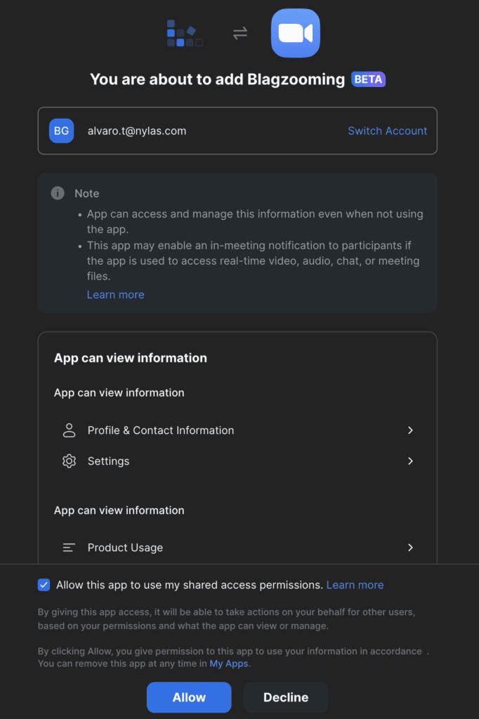 Giving Zoom app permissions