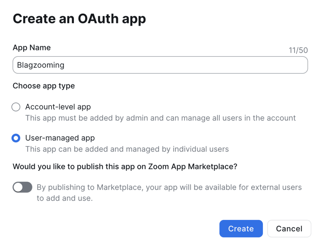 Creating the Zoom OAuth app